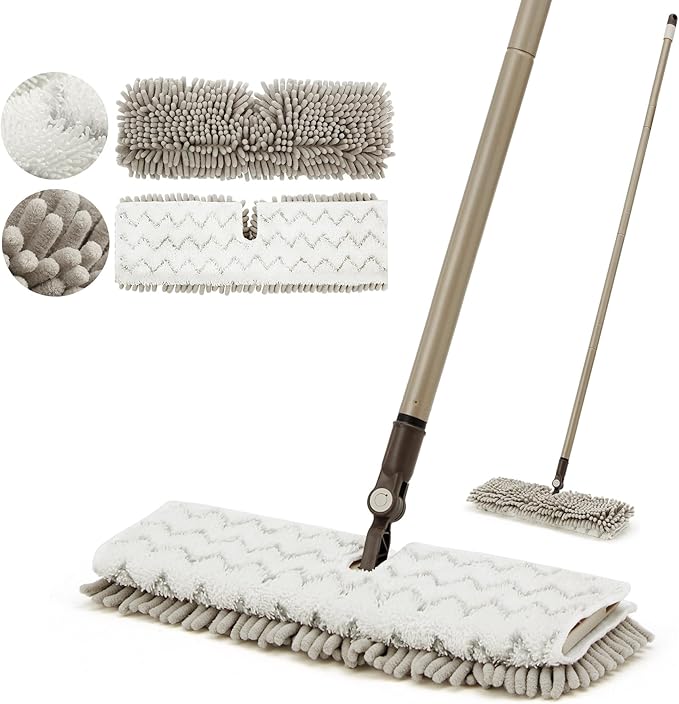 Eyliden Flip Dust Mop, Dual-Sided - One Side for Scrubbing, One Side for Dusting - Wet Dry Microfiber Mops for Hardwood Tile Laminate Ceramic Marble Floor Cleaning, 2pcs Reusable Pads