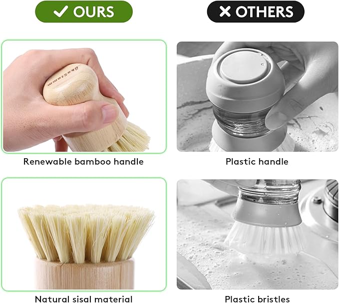 ÖkoStamm 4 Pack Bamboo Dish Brush, Dish Scrubber Brush with Sisal Bristle, Natural Scrub Brush for Kitchen Cleaning Dishes, Pots, Pans, Bottles, Vegetables
