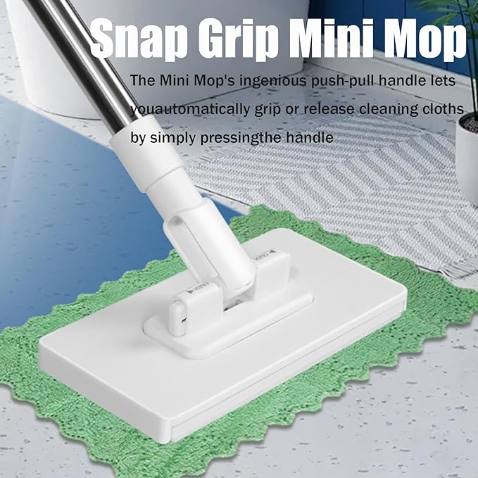 Snap Grip Mini Mop, Retractable Gap Dust Cleaner Flat Mops with Locking Head & Sweeping Cloths, 360 Rotating Head, Includes 10 Cleaning Cloths for Kitchen (1set Mop+ 10 Cloths)
