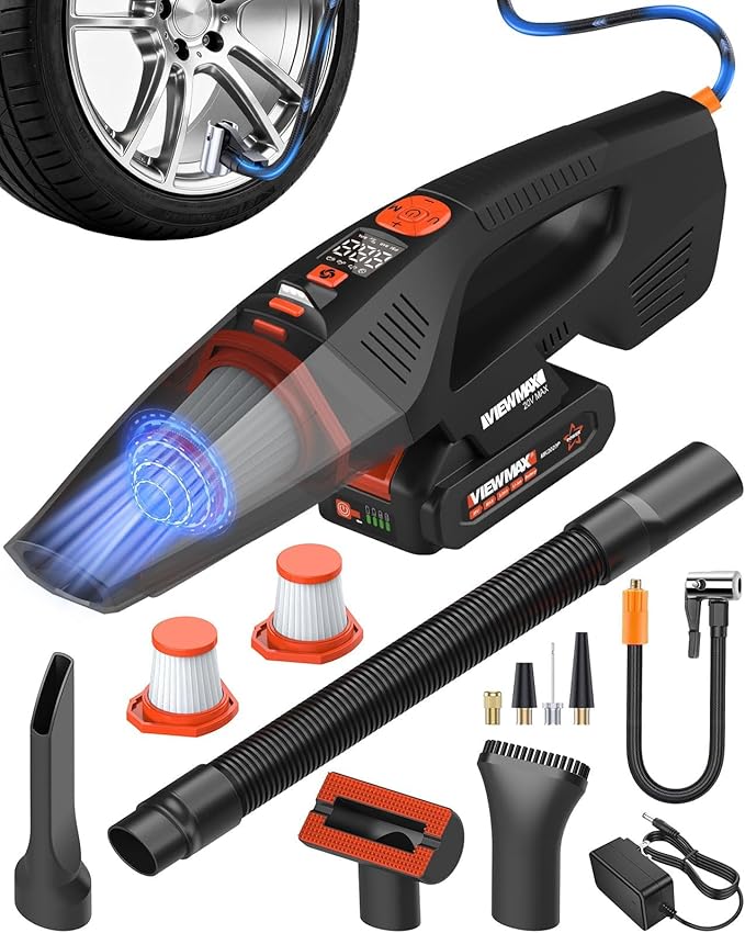 Viewmax 2-in-1 Car Vacuum and Tire Inflator - 20V Cordless Handheld Vacuum Cleaner & 150PSI Air Pump with Pressure Gauge, 18000Pa Suction, Portable Air Compressor for Tires Pump and Car Cleaning