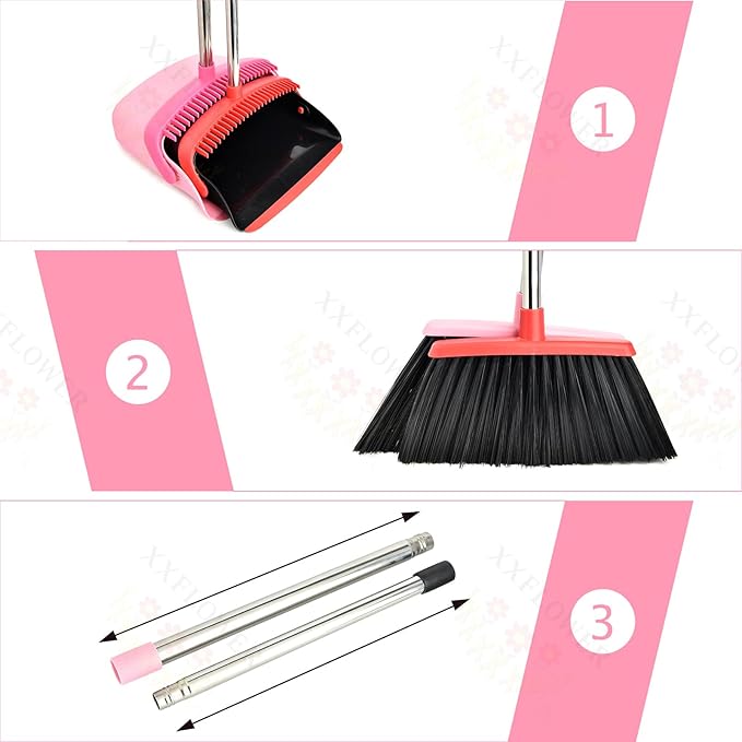 XXFLOWER Broom and Dustpan Set, Dustpans with Broom Combo for Home, Heavy Dust Broom and Dustpan Combo, Long Handle Dust Pan and Broom Set for Kitchen, Office, Pet Hair,Pink, Pack of 1