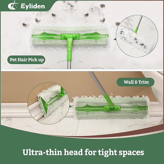 Eyliden Large Sweeper Mop, 16.5" Wide - Lock Tight Design No Lost Pads - 22 Disposable Dry & Wet Cloths, 58" Adjustable Handle, Dust Mops for Pet Hair, Hardwood Floors, Universal Refills (Green)