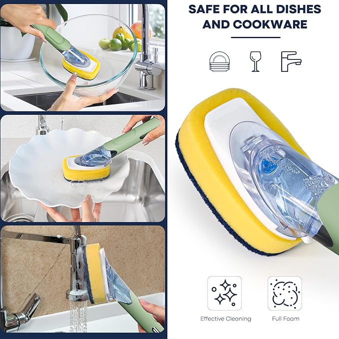 Dish Brush with Soap Dispenser Storage Set with 2 PCS Sponge Refills & Holder, Soap Dispensing Dish Brushes, Sponge with Soap Dispenser Handle, Dish Sponges with Handle for Dishes Pans Pots Sink