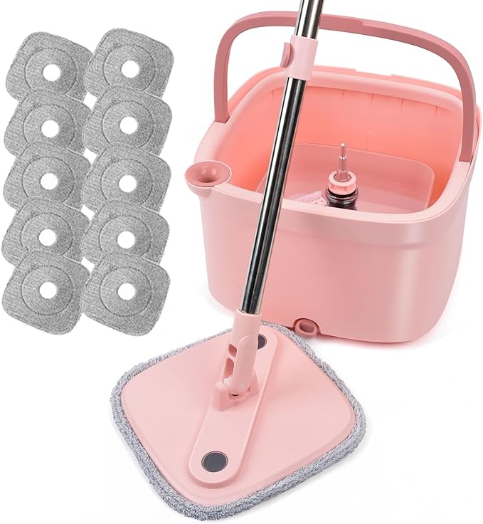 KZKR Spin Square mop and Bucket System with Wringer Set for Home with 10 Mop Pads (Pink)