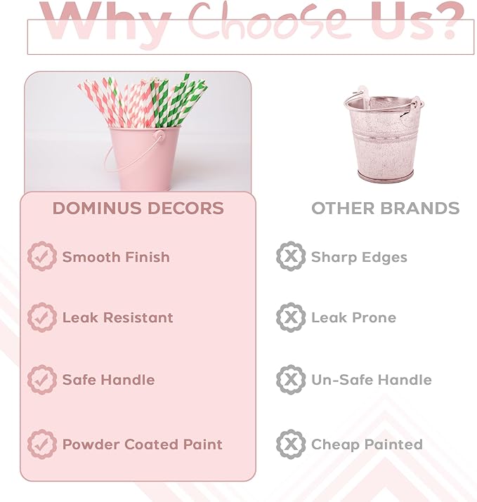 Small Metal Buckets with Handles - Leak-Proof Metal Pail Bucket - Galvanized Bucket with Handle - Multipurpose Tin Bucket for Party Favors, Organization, School, Weddings, Garden - Set of 6, Pink