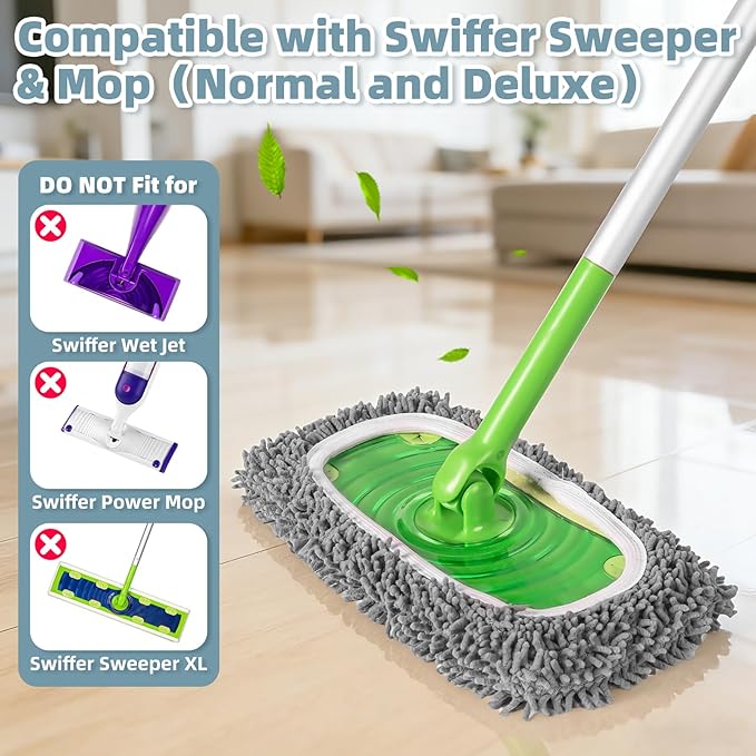 Nicemiya 6 Pack Reusable Mop Pads Compatible with Swiffer Sweeper, Washable Wet & Dry Mopping Sweeping Cloth for Multi-Surface Cleaning, Microfiber Chenille Pad Refills (Gray, Not Include MOP)