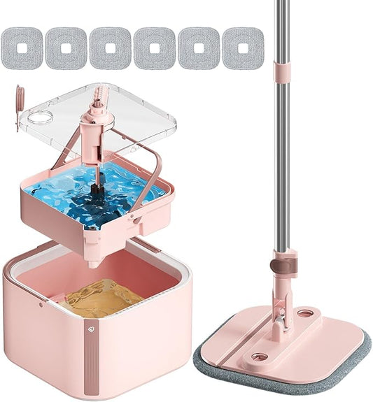 KZKR Square Spin Mop and Bucket Set with Self Separation Dirty and Clean Water System,Self Wringing 360° Rotating Mops Head for Home Floors Cleaning (2.0 mop Bucket Set with 6 Pads)