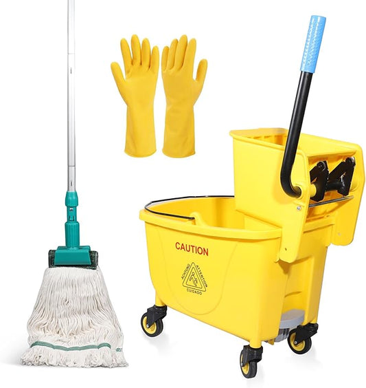 Wajeehaa Press Wringer Combo Commercial Rectangular Mop Bucket on Wheels, 35-Quart, Yellow,Add One Commercial Mop and One Set Rubber Gloves