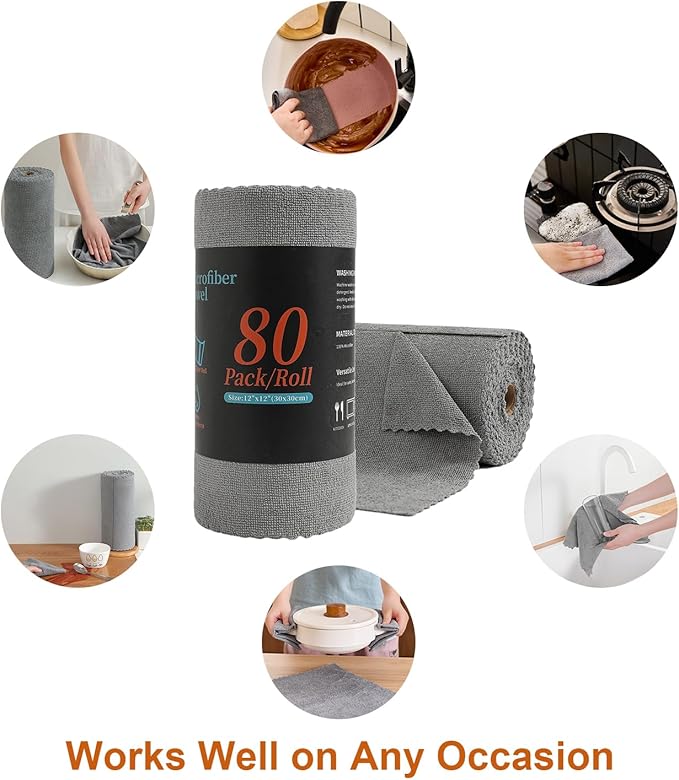 Tigona 80 Pack Microfiber Cleaning Cloth Roll,Lint Free Rags & Tear Away Reusable Towels Washable Scratch,Ultra Absorbent Dish Rags(12" x 12") for Car Kitchen Home Garage-Dark Gray