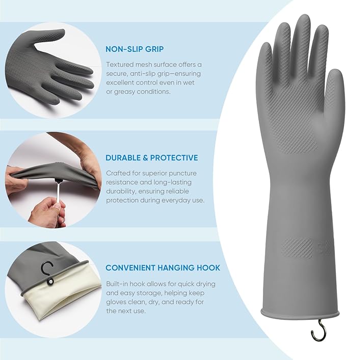Rubber Dishwashing Gloves for Kitchen 4 Pairs Cleaning Household Dish Washing Reusable & Waterproof Latex Glove(Large/with Hook)