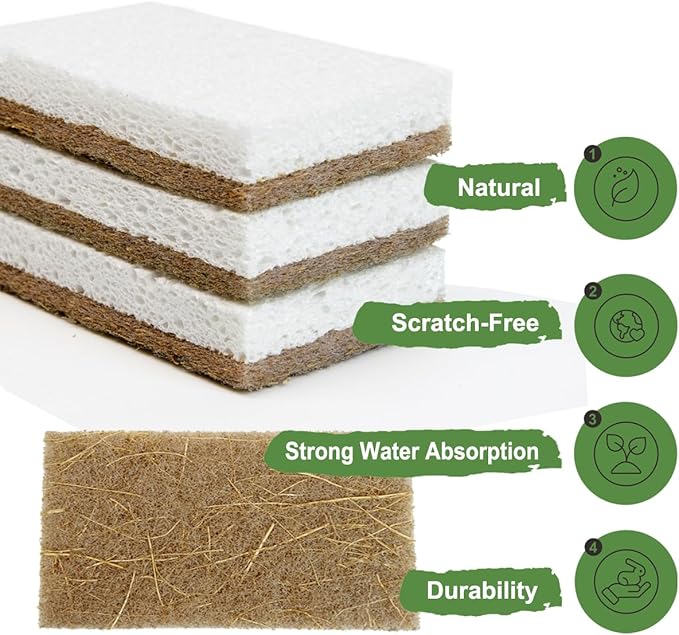 CELOX 24 Pack Coconut Fiber Biodegradable Sponges, Non Scratch Kitchen Cleaning Sponge, Eco-Friendly Dual-Sided Sponge for Dishwashing