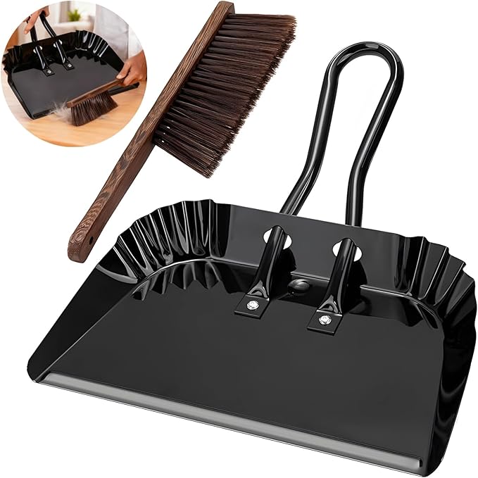 12 inch Stainless Steel Dustpan and Broom Combo, Heavy Duty Household Cleaning Tool, Outdoor Patio