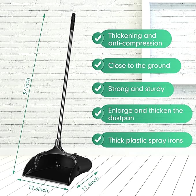 Weewooday 8 Pieces Commercial Lobby Dustpan Plastic Upright Dust Pan with Long Handle Metal Upright Dustpan Heavy Duty for Restaurants Commercial Lobby Garage Home and Outdoors Use (Black)