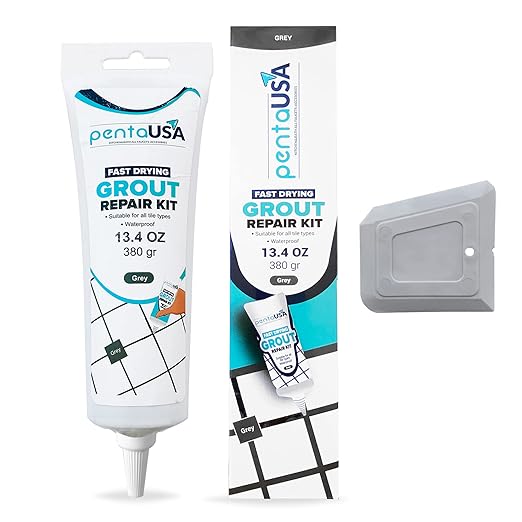 PentaUSA Tile Grout - Large Grout Filler Repairs Renews Tube, Fast Drying Grout Repair Kit, Odorless Formula - Grout Floater Included - 13.4oz / 380gr (Grey)