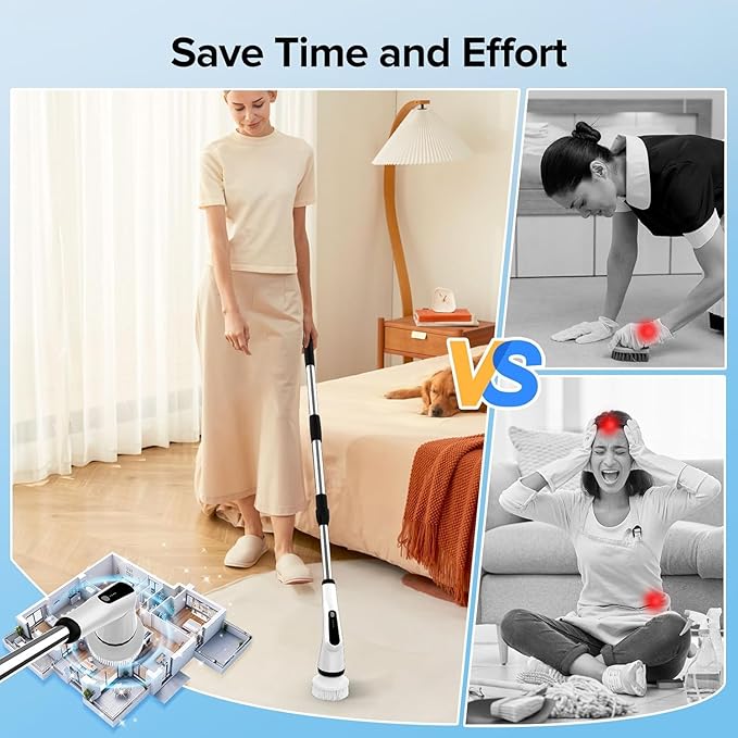 WKY-Electric Spin Scrubber - Upgraded 12-in-1 IPX7 Waterproof Shower Scrubber, Retractable Handle & 2-Speed for Toilet, Bathroom, Bathtub, Tile Floors