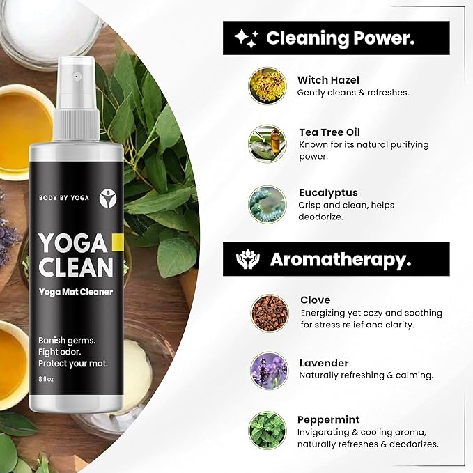 Yoga Clean - Premium Yoga Mat Cleaner Spray, Natural Plant-Based Deodorizer with Essential Oils | Refreshing Aromatherapy Scent | 8 oz Safe for Cork, Rubber & All Fabrics, Made in the USA
