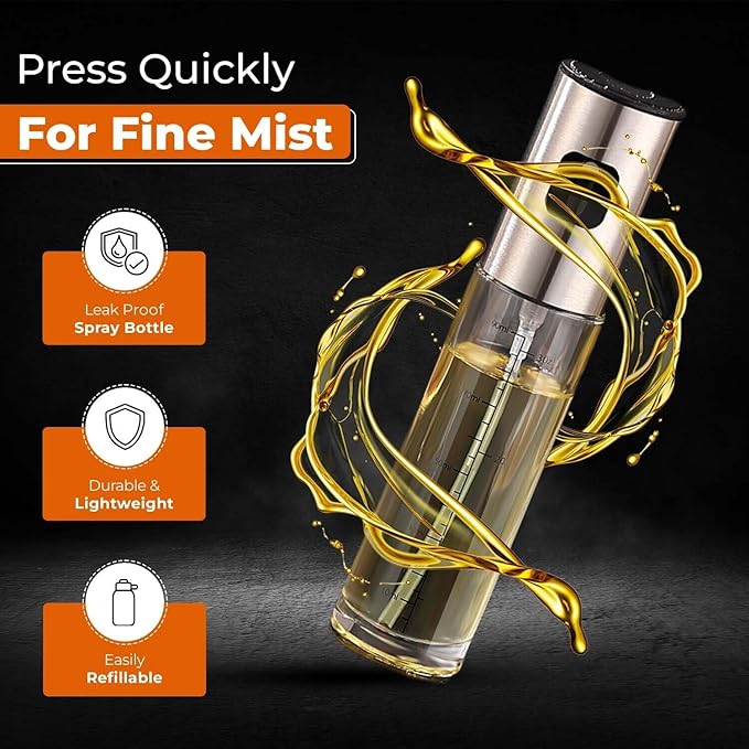 VIGOR PATH Oil Sprayer Mister - 100ml Stainless Steel Cooking Oil Sprayer Bottle for Air Fryer, BBQ, Salad, Baking, and Roasting - Refillable Oil, Vinegar, Sprayer for Kitchen Gadgets - Pack of 1