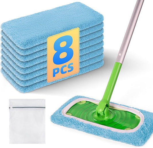 8 Pack Reusable Mop Pads Compatible with Swiffer Sweeper Mop, Dry and Wet Pads Refill, Microfiber Pads, Washable Sweeping Cloths for Surface/Hardwood Floor Cleaning (Blue)