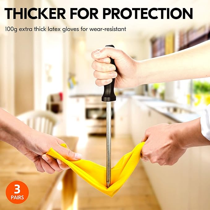 Vgo... 3-Pairs Reusable Household Gloves, Rubber Dishwashing gloves, Extra Thickness, Long Sleeves, Kitchen Cleaning, Working, Painting, Gardening, Pet Care (Size XL, Yellow, HH4601)