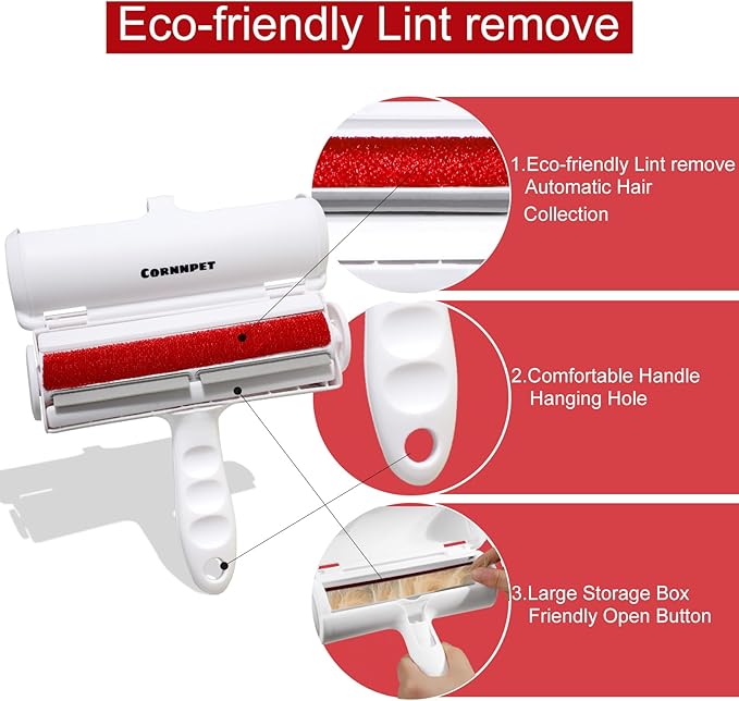 Cornnpet Roller Pet Hair Removal Tool – Reusable Lint Roller for Dogs & Cats – Self-Cleaning Fur Remover Brush - Portable, Multi-Surface Fur Removal Tool - Glove Brush and Pet Hair Extra Sticky Roller