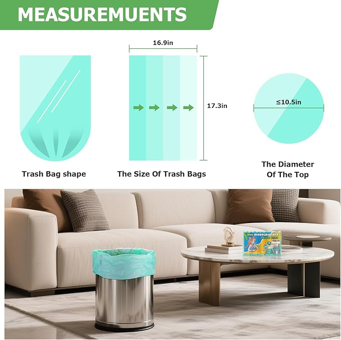 2 Gallon Mini Green Trash Bag - Small Garbage Bags For Bathroom Can 100 Count 7.5 Liter Unscented Compostable Biodegradable Tiny Little Waste Basket Liners Kitchen Car Office Strong Thick Heihaily