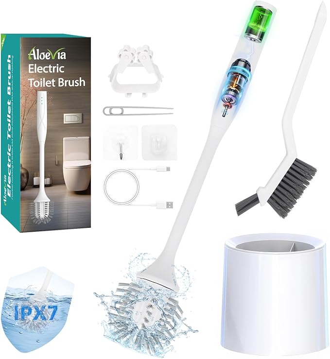 Aloevia Electric Toilet Brush with Holder, Ultra Quiet & Powerful Scrubbing, IPX7 Waterproof Self-Cleaning Brush for Toilet/Bathtub/Grout, Cordless Spin Scrubber with 320RPM Turbo Power - White