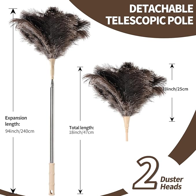 MehelloFeather Ostrich Feather Duster 27-94Inch Retractable Fluffy Natural Detachable Ostrich Feather Duster Used for Household Cleaning and High-Altitude Cleaning (2PCS)