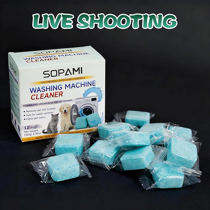 SOPAMI Washing Machine Cleaner Tablets 12 Pack, Deep Clean HE Front Load Top Load Washer, Remove Stubborn Pet Hair Odors, Septic Safe Pet Owner Solution