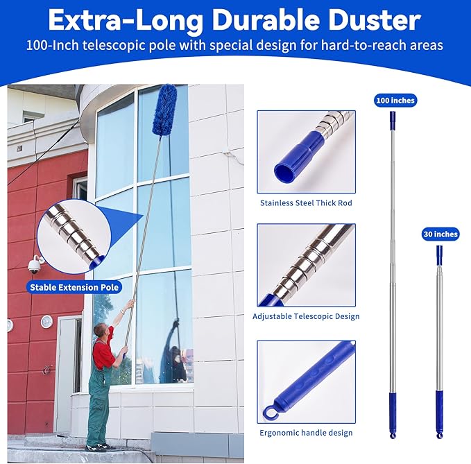 Dusters for Cleaning, Duster with Extension Pole 5 in 1 Kit, Cobweb Duster, Long Dusters for High Ceilings, Microfiber Dusters for Ceiling Fan, Blinds and Furniture