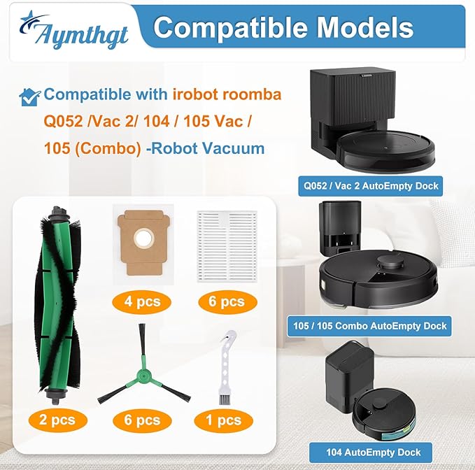 Aymthgt 19 PCS Q0520 Replacement Parts for iRobot Roomba 104/Q0520/Q052/105 Vac/105 Combo Vacuum,2 Roller Brush, 6 Side Brushes, 6 HEPA Filters, 4 Dust Bags and 1 Clean Brush