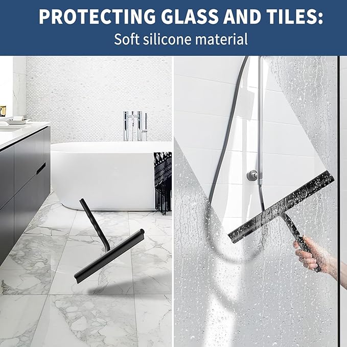 ecooe Silicone Shower Squeegee with Hanger, 13″/33cm Shower Glass Cleaner Wiper, Black Window Squeegee Scraper with Stainless Steel Core for Home Bathroom Kitchen Car Glass Doors
