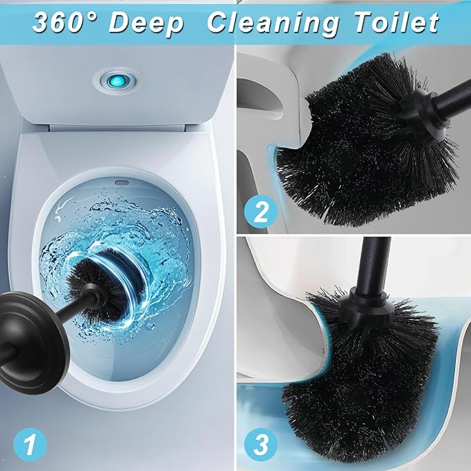 Black Toilet Brush and Holder Set,304 Stainless Steel Toilet Bowl Brush and Holder for Bathroom,Heavy Duty Toilet Brush,Durable Scrubbing Bristles,Splash Resistant,Long Hanlde