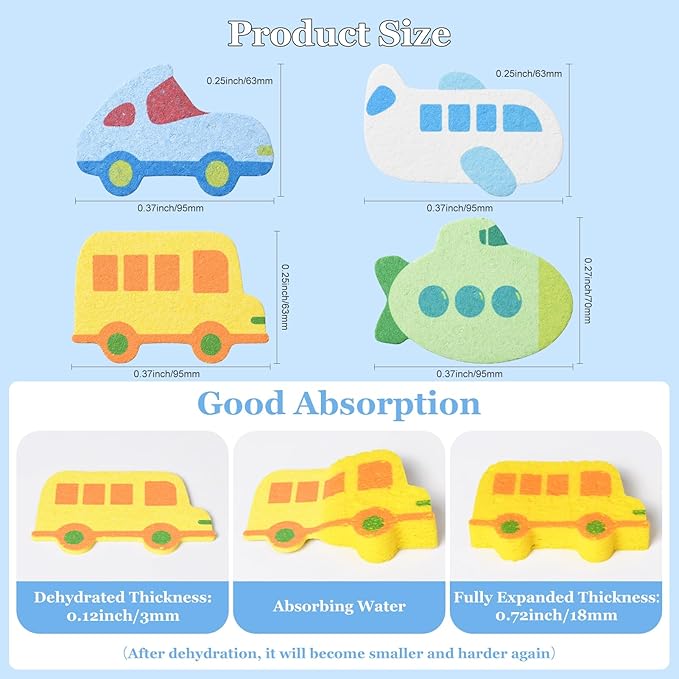 4 PCS Cartoon Car Bath Sponge for Kids,Transportation Cute Shape Compressed Cellulose Shower Sponges for Baby,Soft and Funny