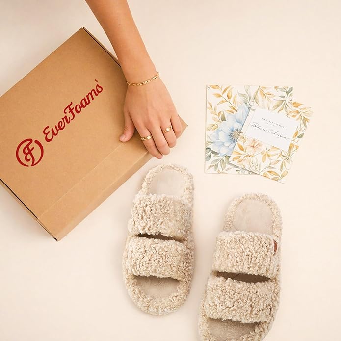 EverFoams Womens Fuzzy Open-toe Slippers Soft Comfy Memory Foam Indoor House Shoes