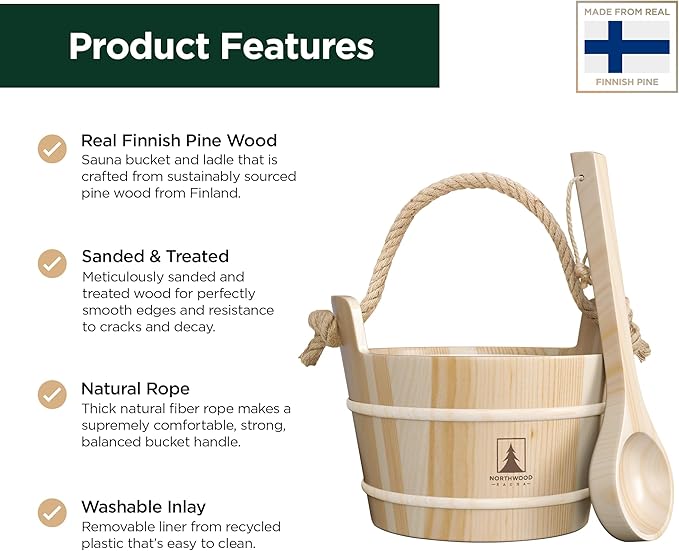 Sauna Bucket and Ladle Set - Handmade from Finnish Pine Wood - Natural Rope Handle - 1 Gallon (4 Liters) Water Capacity