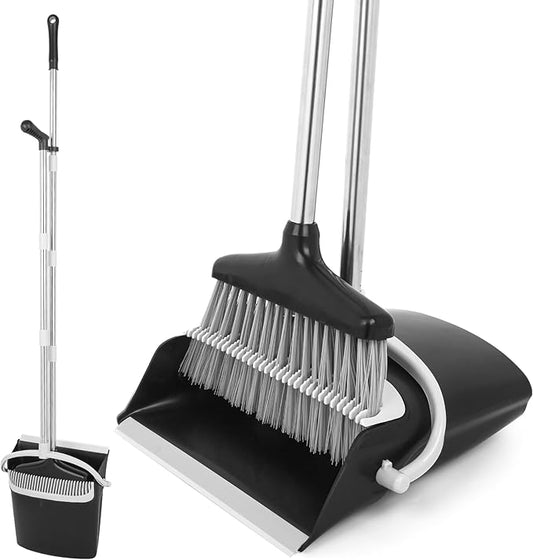 Broom and Dustpan Set with Long Handle, Upright Standing Design, Indoor Outdoor Cleaning Combo, Black and Gray