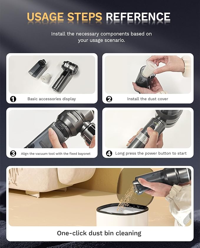 Baiwade Cordless Handheld Car Vacuum Cleaner, 15000PA High Power 2-in-1 Mini Vacuum Duster & Inflator with LED Display Screen, 3-Speed Brushless Motor for Car Care, Home, Office, Pet