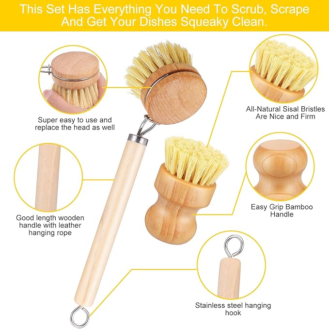 IANFAN 9 Pcs Bamboo Dish Brush Set, Multifunctional Dishwashing Scrubber with Natural Sisal Bristles, Wooden Dish Brush for Cleaning Pots, Dishes, Pans, Vegetables