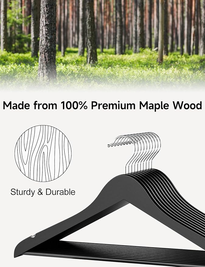StorageWorks Black Wooden Hangers, 20 Pack Wood Hanger for Closet, Coat Hangers for Coats, Shirts, Pants, Suits