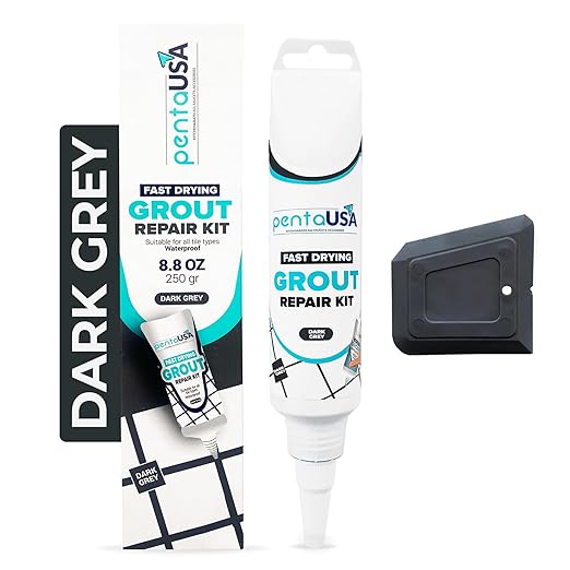 PentaUSA Tile Grout Repair Kit - Dark Grey Filler, Triple Protection, Fast Drying Formula Restores and Renews Lines with Float (8.8oz / 250gr)