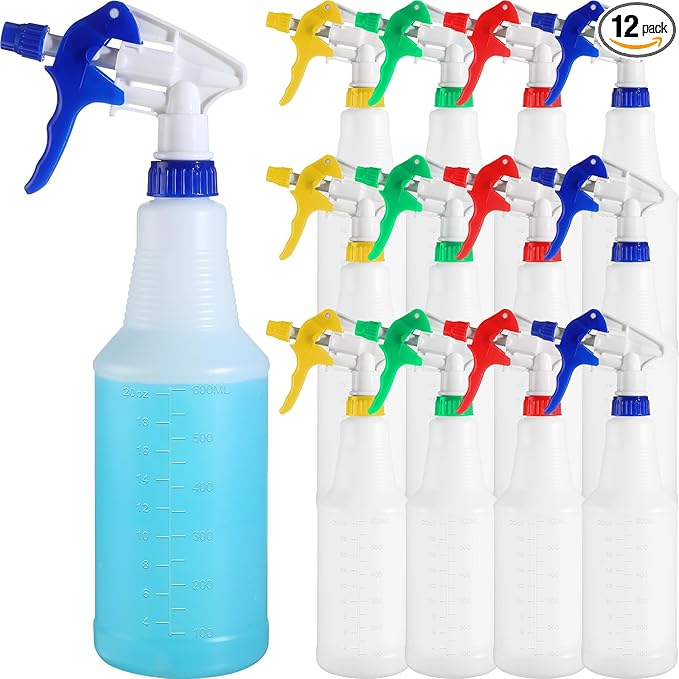 Eaasty 12 Pack Plastic Spray Bottles for Cleaning Solution 25 oz Leak Proof Mist Spraying Safe Squirt Bottle Refillable with Adjustable Head for Plants, Pet, Vinegar, BBQ(Red, Blue, Yellow, Green)