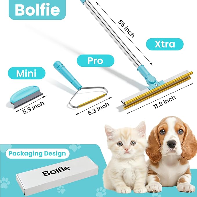Bolfie 3 in 1 Carpet Rake for Pet Hair Removal, Tool Set of 3, 55” Long Handle Carpet Pet Hair Removal Carpet Scraper Dog Cat Hair Remover for Sofa, Couch, Car, Rug