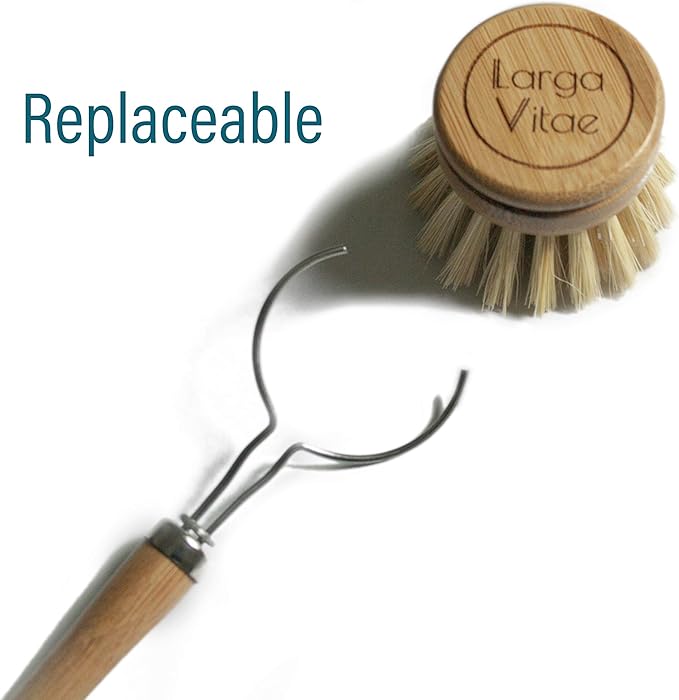 Larga Vitae Wooden Dish Brush Handles Made of Renewable, Biodegradable Bamboo, 3 Replacement Handles for Round 2 in Wide Tampico, Palm, Sisal Hemp, and Other Natural Fiber Bristle Brush Heads (Thin)