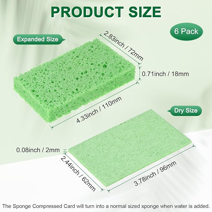 M METERXITY 6-Pack Kitchen Sponges, Condense Eco Cellulose Non-Scratch Scrub Heavy Sponge for Kitchen/Household/Bathroom, Clean Tough Messes Dish Scrubber [Green]