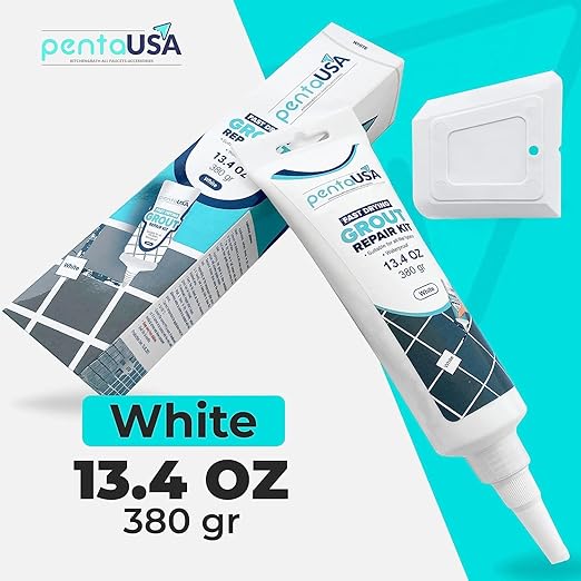 PentaUSA Tile Grout - Large Grout Filler Repairs Renews Tube, Fast Drying Grout Repair Kit, Odorless Formula - Grout Floater Included - 13.4oz / 380gr (White)