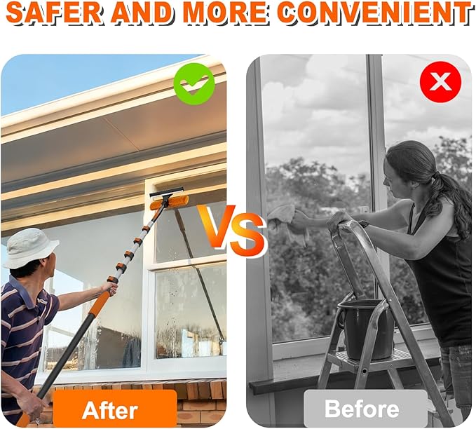 SISUPASSIE 30FT Reach Window Squeegee with Extension Pole, 2-in-1 Professional Window Washing Kit for Home, Indoor Outdoor Squeegee with Rotatable Head for High Windows