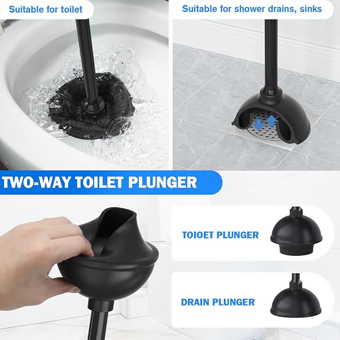 Toilet Plunger and Brush Set,2 Pack Bowl Brush and Heavy Duty Toilet Brush with Ventilated Holder, 2-in-1 Toilet Brush and Plunger Combo for Bathroom Deeply Cleaning（Black）