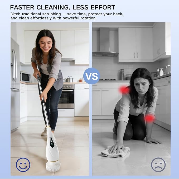 Hofenta Electric Spin Scrubber Cordless Shower Cleaning Brush with 10 Replaceable Brush Heads, Extendable Handle Up to 59", 2 Speed, Waterproof, 2H Cleaning Time for Bathroom Shower Tile Glass Car