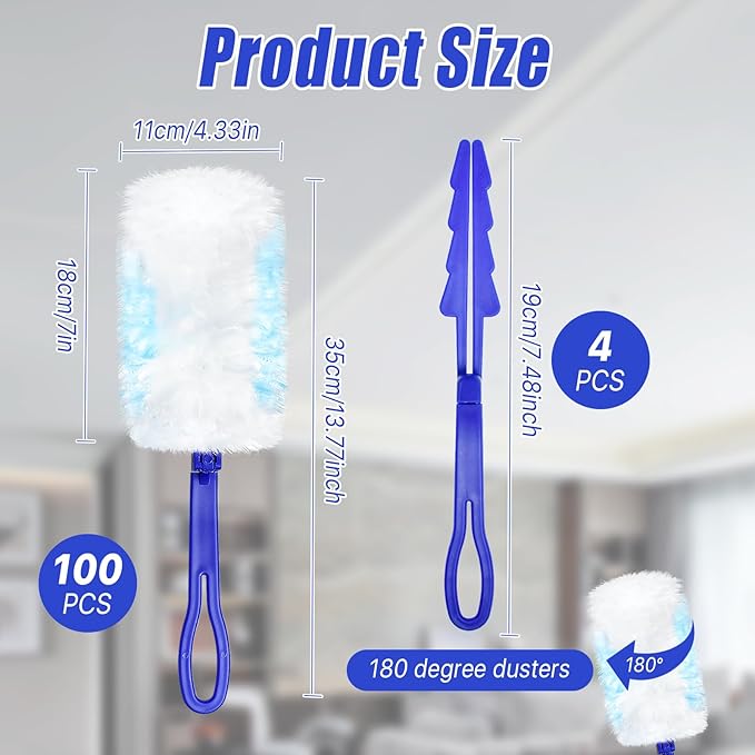 Elesunory 100 Pcs Duster Refills Bulk, Thickened Duster Refill Electrostatic Duster Head, Duster Refills for Cleaning with 4 Handles, Disposable Duster Refills for Cleaning Blinds, Ceiling Fans(Blue)