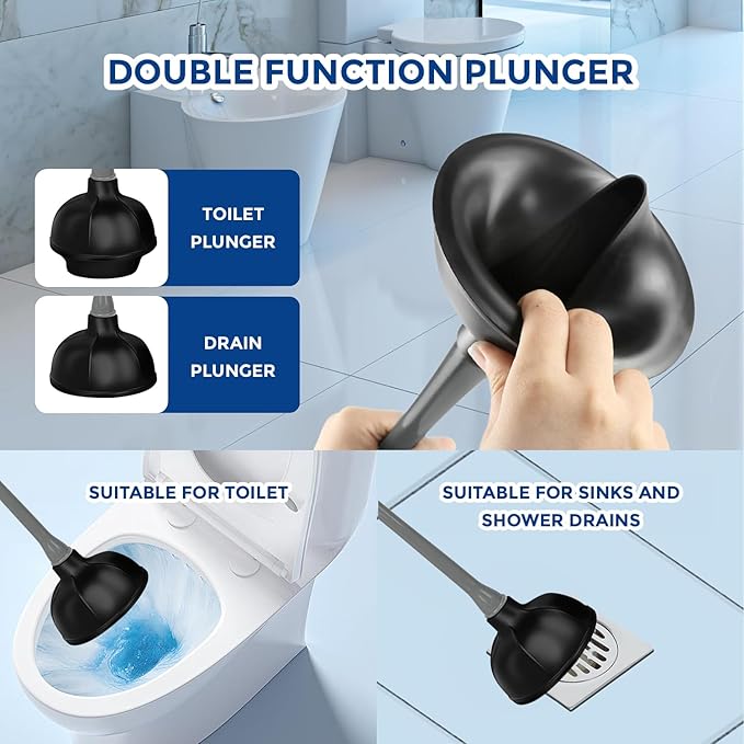 2 in 1 Toilet Brush and Plunger Set - Toilet Brush with Solid Handle, Stand and Holder for Deeply Cleaning in Bathrooms - Plastic Toilet Brush and Holder Set in Grey